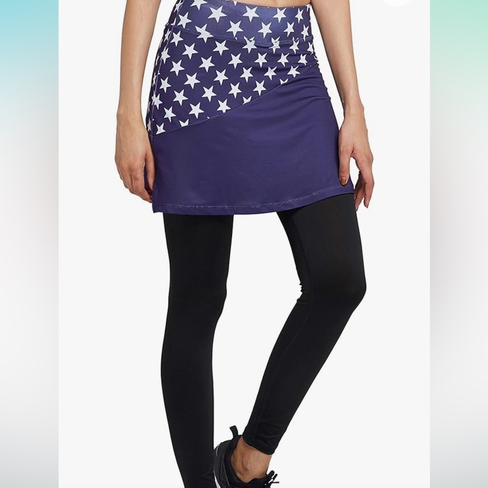 Women’s Workout Skirt With Built-in Leggings, Size XL, Stars, Navy Blue, Black